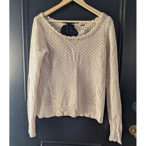 Free People Cream Crochet Knit Long Sleeve Tie Back Sweater Embellished Collar